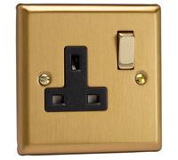 Varilight Single Switched Plug Socket - Classic Brushed Brass With Brass/black Insert, Xb4Db