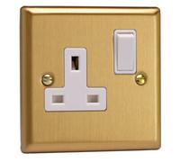 Varilight Single Switched Plug Socket - Classic Brushed Brass With White Insert, Xb4W