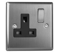 Varilight Single Switched Plug Socket - Classic Brushed Steel With Brushed Steel/black Insert, Xt4Db