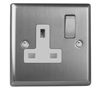 Varilight Single Switched Plug Socket - Classic Brushed Steel With Brushed Steel/white Insert, Xt4Dw