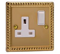 Varilight Single Switched Plug Socket - Classic Georgian Brass With White Insert, XG4W