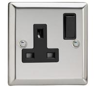 Varilight Single Switched Plug Socket - Classic Mirror Chrome With Black Insert, Xc4B