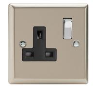 Varilight Single Switched Plug Socket - Classic Satin With Chrome/black Insert, Xn4Db