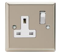 Varilight Single Switched Plug Socket - Classic Satin With Chrome/white Insert, Xn4Dw