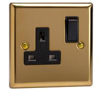 Varilight Single Switched Plug Socket - Classic Victorian Brass With Black Insert, Xv4B