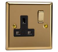 Varilight Single Switched Plug Socket - Classic Victorian Brass With Brass/black Insert, Xv4Db