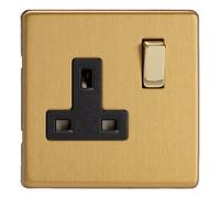 Varilight Single Switched Plug Socket - Screwless Brushed Brass With Brass/black Insert, Xdb4Bs