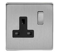 Varilight Single Switched Plug Socket - Screwless Brushed Steel With Brushed Steel/black Insert, Xds4Bs