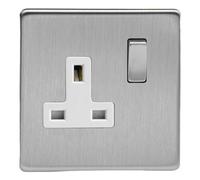 Varilight Single Switched Plug Socket - Screwless Brushed Steel With Brushed Steel/white Insert, Xds4Ws