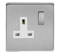 Varilight Single Switched Plug Socket - Screwless Brushed Steel With Brushed Steel/White Insert, XDS4WS