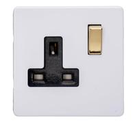 Varilight Single Switched Plug Socket - Screwless Primed With Brass/White Insert, XDY4VBS.PD