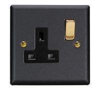 Varilight Single Switched Plug Socket - Vogue Matt Black With Polished Brass/black Insert, Xy4Vb.mb