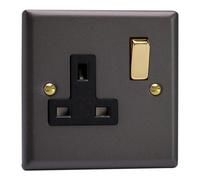 Varilight Single Switched Plug Socket - Vogue Slate With Black/brass Insert, Xy4Vb.sl
