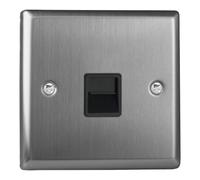 Varilight Single Telephone Socket - Classic Brushed Steel with Black Insert, XTTMB