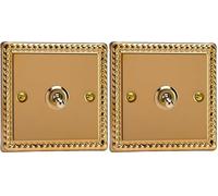 Varilight Single Toggle Light Switch 2-Way - Classic Georgian Brass With Polished Brass Toggle, XGT1 (Pack of 2)