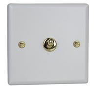 Varilight Single Toggle Light Switch 2-Way - Vogue Matt White With Polished Brass Toggle, Xyt1V.mw