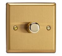 Varilight Single V-Com Rotary 2-Way Led Dimmer 1 X 0-100W - Classic Brushed Brass With Polished Brass Knob, Kbp101