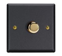 Varilight Single V-Pro Rotary 2-Way Led Dimmer 1 X 0-120W - Vogue Matt Black With Polished Brass Knob, Jyp401V.mb