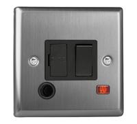 Varilight Switched Fused Spur with Neon & Flex Outlet - Classic Brushed Steel with Black Insert, XT6FONB