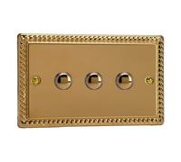 Varilight Triple Impulse Light Switch 2-Way - Classic Georgian Brass With Polished Brass Buttons