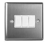 Varilight Triple Light Switch 2-Way - Classic Brushed Steel With White Rockers