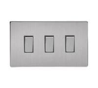 Varilight 3-Gang 10A 1- or 2-Way Rocker Light Switch (Twin Plate) Brushed Steel XDS93S,86x147x25mm