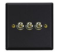 Varilight Vogue 3-Gang Toggle Light Switch, Matt Black with Polished Brass, 10A, 91 x 91mm