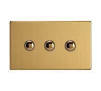 Varilight Triple Momentary Retractive Switch - Screwless Brushed Brass With Polished Brass Buttons, Xdbm3S