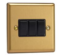 Varilight Triple Rocker Light Switch 2-Way - Classic Brushed Brass With Black Rockers, Xb3B
