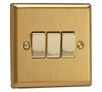 Varilight Triple Rocker Light Switch 2-Way - Classic Brushed Brass With Polished Brass Rockers, Xb3D