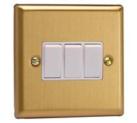 Varilight XB3W Triple Light Switch, 10A, 3-Gang, 2-Way, Classic Brushed Brass + White Insert