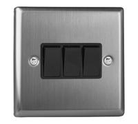 Varilight Rocker Switch Classic XT3B - Brushed Steel, 3-Gang 10A, 1- or 2-Way, Black Rockers