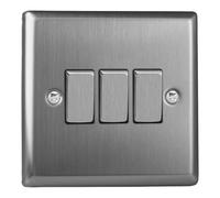 Varilight Triple Rocker Light Switch 2-Way - Classic Brushed Steel With Brushed Steel Rockers, XT3D