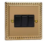 Varilight Rocker Switch XG3B – 3-Gang 2-Way Light Switch, Georgian Brass with Black Rockers