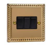 Varilight Triple Rocker Light Switch 2-Way - Classic Georgian Brass With Black Rockers, Xg3B