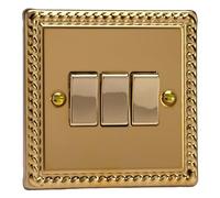 Varilight Rocker Switch XG3D – 3-Gang 2-Way Georgian Brass with Polished Brass Rockers