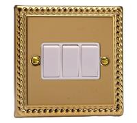 Varilight Rocker Switch XG3W - 3-Gang 2-Way, Georgian Brass with White Rockers, 95x95x25mm