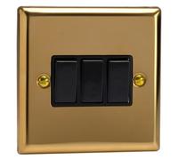 Varilight Triple Rocker Light Switch 2-Way - Classic Victorian Brass With Black Rockers, Xv3B