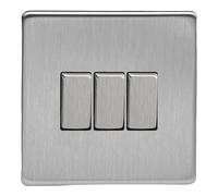 Varilight Triple Rocker Light Switch 2-Way - Screwless Brushed Steel With Brushed Steel Rockers, XDS3S