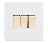 Varilight XDY3VS.PD Triple Light Switch, 10A, 3-Gang, 2-Way, Screwless Primed + Brass Insert