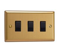 Varilight Triple Rocker Light Switch 2-Way Twin Plate - Classic Brushed Brass With Black Rockers, Xb93B