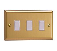 Varilight Triple Rocker Light Switch 2-Way Twin Plate - Classic Brushed Brass With White Rockers, Xb93W