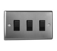 Varilight 3-Gang 10A 1- or 2-Way Rocker Switch (Twin Plate) Brushed Steel
