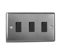 Varilight Triple Rocker Light Switch 2-Way Twin Plate - Classic Brushed Steel With Black Rockers, XT93B
