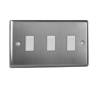 Varilight Rocker Light Switch XT93W – Classic Brushed Steel, 3-Gang 10A, 1 or 2-Way, Twin Plate