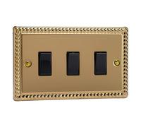 Varilight Rocker Light Switch XG93B - 3-Gang 2-Way - Georgian Brass with Black Rockers