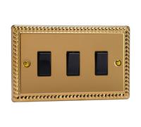 Varilight Triple Rocker Light Switch 2-Way Twin Plate - Classic Georgian Brass With Black Rockers, Xg93B