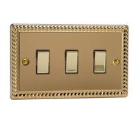 Varilight Triple Rocker Light Switch 2-Way Twin Plate - Classic Georgian Brass With Polished Brass Rockers, Xg93D
