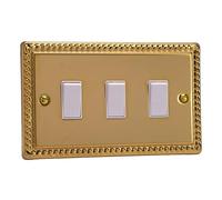 Varilight 3-Gang Twin Plate Switch XG93W - 10A 1 or 2-Way - Georgian Brass, White Rockers