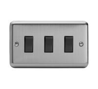Varilight Rocker Switch XS93B 3-Gang 2-Way Twin Plate Matt Chrome Black Rockers